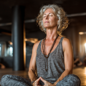 Femeie în vârstă practicând yoga într-un cadru liniștitor