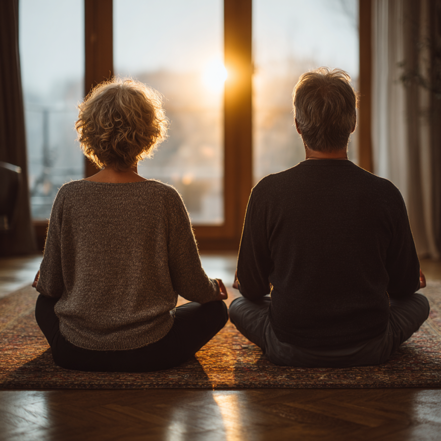 Grup de seniori practicând yoga în aer liber